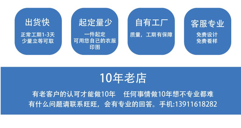 四个蓝色图标出货快起订少自有工厂客服专业